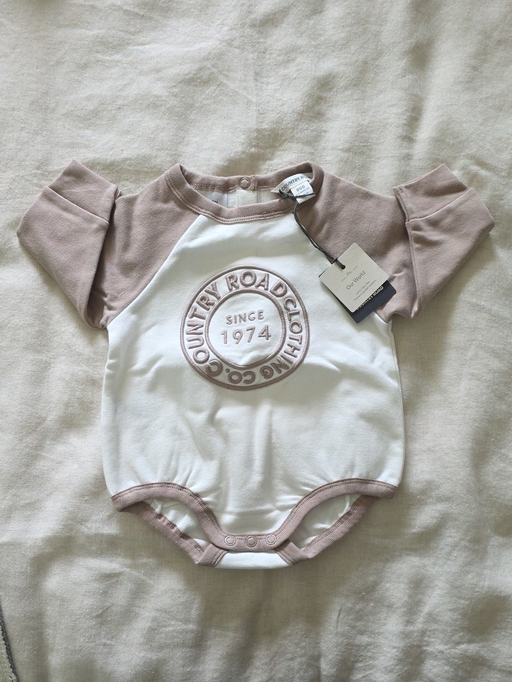 NWT Country Road Kids Cream & Taupe Raglan Logo One-Piece | 0-3M